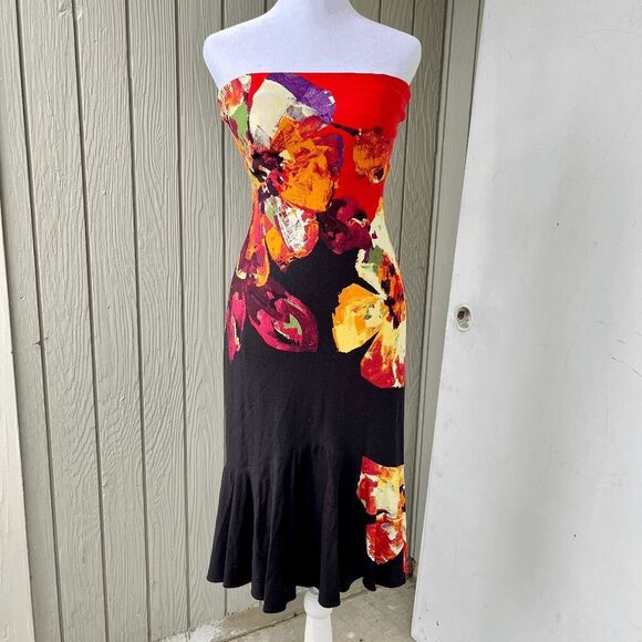Vintage Cache Strapless Abstract Floral Midi Dress Size 4 Made in USA - Picture 3 of 9